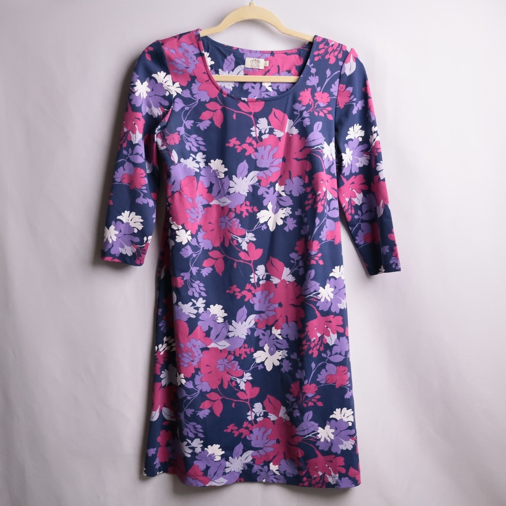 Katherine Way Womens Small Floral Shift Dress Navy Pink Purple 3/4 Sleeve USA